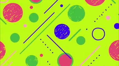 Neon yeşil soyut arkaplan, renkli daireler, köşegen çizgiler, oyuncu mizah deseni