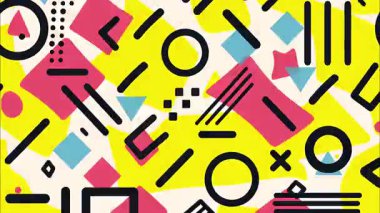 Soyut Memphis karikatür arka planı, sarı yüzey, siyah grafik çizgiler, kırmızı geometrik şekiller, oyuncu retro çizgi desen