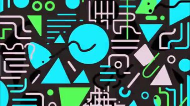 Siyah zemin üzerinde soyut Memphis deseni, parlak mavi daireler, yeşil üçgenler, beyaz noktalar, neon renkli çizgiler ve eğriler, kalın geometrik düzen, modern düz çizim, yüksek kontrast soyut doku, enerjik grafik bileşimi