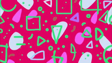 Pembe arkaplanda soyut renkli Memphis deseni, yeşil çizilmiş geometrik şekiller, üçgen kareler daireler, yumuşak yuvarlak noktalar, neşeli düz çizimler, canlı pop sanat tarzı, dinamik grafik elementlerle dekoratif soyut doku