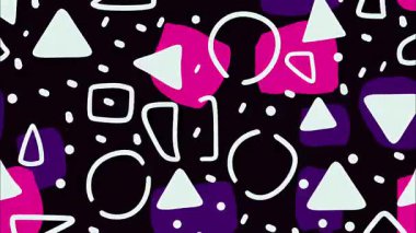 Siyah zemin üzerinde soyut Memphis tarzı şablon, pembe organik şekiller, beyaz çizilmiş üçgenler ve daireler, el çizimi çizgileri, oynak geometrik elementler, kalın düz çizimler, yüksek kontrast renkli soyut doku, dışavurumsal kompozisyon