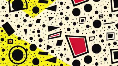 Krem arka planda polka noktalı soyut Memphis deseni, siyah daireler, kırmızı geometrik şekiller, sarı aksanlar, kalın grafik unsurları, oyuncu retro illüstrasyon, yüksek kontrast soyut doku, dekoratif pop tarzı kompozisyon