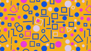 dinamik funky art geometrik 2D karikatür düz vektör retro soyut arkaplan, turuncu taban, mavi yeşil daireler üçgen mor daireler ovaller arc çizgiler, dağınık Memphis kaotik desen, canlı yüksek enerji deseni