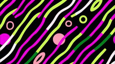 Renkli funky düz vektör pop sanat Geometrik 2D şekiller çizgi film soyut retro arkaplan, siyah yeşil beyaz mor limon dalgalı çizgiler halka halka damlalar, kaotik Memphis zebra ilham dağınık, canlı neon kontrast