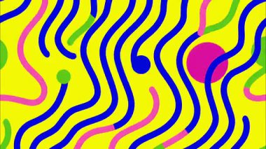 funky düz vektör pop sanat çizgi filmi geometrik 2D şekiller soyut retro arkaplan, parlak sarı taban, mavi yeşil dalgalı çizgiler yuvarlak noktalar damlalar, dağınık Memphis oyuncu desen, canlı neon renkli yüksek enerji kontrast