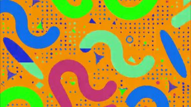 dinamik funky art geometric 2D şekiller çizgi film düz vektör soyut retro arkaplan, turuncu taban, mavi yeşil dalgalı eğri çizgiler damlalar yay, dağınık Memphis oyuncu kaos, canlı yüksek enerji kontrast