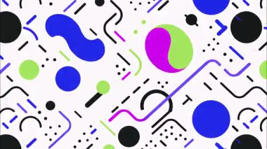 eğlenceli düz vektör pop sanat geometrik 2D şekiller çizgi film soyut retro arkaplan, beyaz taban, mavi yeşil siyah daireler ovaller çizgiler lekeler, dağınık Memphis kaotik elementleri, canlı yüksek kontrast enerji