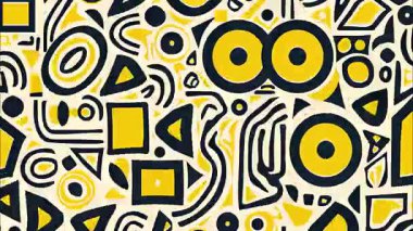 funky düz vektör pop sanat karikatürü geometrik 2D şekiller soyut retro arkaplan, krema tabanı, lacivert siyah daireler Oval kareler üçgen çizgiler damlalar, kaotik Memphis esinlenmiş kompozisyon, canlı yüksek kontrast enerji