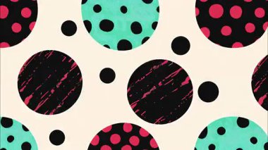 Renkli funky düz vektör pop sanat geometrik 2D şekiller çizgi film soyut retro arkaplan, bej taban, siyah deniz mavisi kırmızı noktalı daireler polka noktalar, dağınık düzensiz boyutlar, grunge çizilmiş doku örtüsü, canlı Memphis kontrast