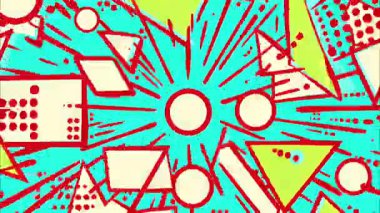 oyuncu retro pop sanat karikatürü geometrik 2D şekiller funky düz vektör soyut arka plan, turkuaz taban, kırmızı sarı daireler üçgen ışın noktaları, patlayıcı yıldız patlaması bileşimi, Memphis kaotik enerji enerjisi