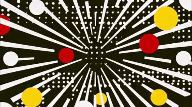 dinamik funky pop art geometrik 2D çizgi film düz vektör retro soyut arkaplan, siyah taban, beyaz radyal çizgiler daireler üçgenler dikdörtgenler, merkezi perspektif tünel etkisi, canlı sarı aksanlar, yüksek kontrast enerji
