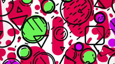 canlı Memphis pop sanat karikatürü geometrik 2D şekiller funky düz vektör retro arkaplan, beyaz taban, kırmızı pembe siyah daireler üçgenler kareler çizgiler çizgiler kaotik katmanlı düzensiz formlar, yüksek enerji renkli kontrast