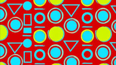 funky düz vektör pop sanat karikatürü geometrik 2D şekiller soyut retro arkaplan, parlak kırmızı taban, cyan sarı turuncu daireler kare yıldızlar altıgen çizgiler, dağınık Memphis kaotik desen, canlı yüksek kontrast enerji