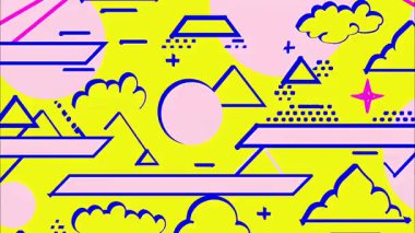 funky düz vektör pop sanat karikatürü geometrik 2D şekiller soyut retro arkaplan, parlak sarı taban, mavi anahat güneş bulutları yatay barlar platformlar ışınları dağlar, pembe eflatun aksanlar, rüya gibi gündoğumu Memphis titreşimi, canlı sanat çizgisi
