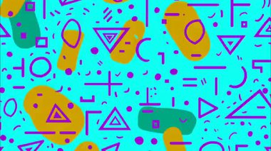 Funk düz vektör pop sanat karikatürü geometrik 2D şekiller soyut retro arkaplan, turkuaz taban, pembe turuncu yeşil leke gözyaşı üçgen çizgiler kareler, dağınık kaotik Memphis elementleri, canlı yüksek kontrast enerjisi