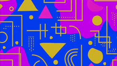 oyuncu retro pop sanat karikatürü geometrik 2D şekiller funky düz vektör arkaplan, mavi pembe taban, sarı altın çizgiler dikdörtgen daireler ovalar, Memphis tarzı kıvrımlı kaos, yüksek enerji bileşimi