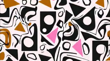 Renkli funky düz vektör pop sanat geometrik 2D şekiller çizgi film soyut retro arka plan, beyaz taban, siyah pembe turuncu kahverengi üçgen daireler gözyaşı damlaları çizgileri, düzensiz Memphis dağılımı, canlı yüksek kontrast desen