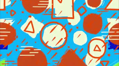 Mavi zemin üzerinde soyut renkli Memphis deseni, turuncu daireler ve üçgenler, beyaz geometrik şekiller, el çizimleri, şakacı düz çizimler, dinamik grafik bileşimli canlı pop sanat soyut dokusu