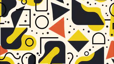 Krem arka planda soyut Memphis deseni, siyah ve sarı geometrik şekiller, daireler ve bloklar, minimal düz çizim, temiz modern tasarım, dengeli oyuncu kompozisyona sahip dekoratif soyut doku