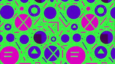 Soyut renkli Memphis deseni, mor daireli ve üçgenli parlak yeşil arkaplan, pembe çizgiler, temiz düz çizimler, canlı pop sanat tarzı, dengeli geometrik desenli dekoratif modern soyut doku