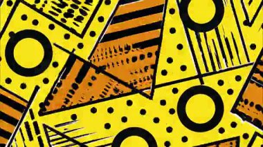 Sarı arkaplanda soyut Memphis deseni, siyah polka noktaları, turuncu ve siyah üçgenler, kaba el çizimleri, çizgili grafikler, kalın düz çizimler, dinamik geometrik kompozisyona sahip yüksek kontrast retrometrik soyut dokusu