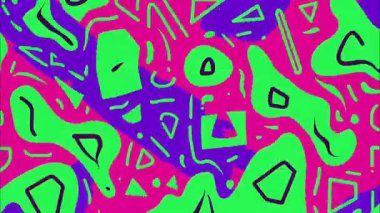 Organik şekilli soyut neon deseni, pembe ve mor arkaplanda parlak yeşil formlar, çizilmiş geometrik elementler, kalın düz çizimler, psikedelik pop sanat tarzı, dışavurumcu kompozisyonu ile canlı soyut dokusu