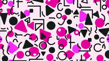 Beyaz arka planda soyut Memphis deseni, pembe daireler ve damlalar, siyah üçgenler ve çizgiler, dağınık geometrik elementler, oyuncu düz çizimler, eski pop sanat tarzı, dinamik desenli dekoratif soyut doku