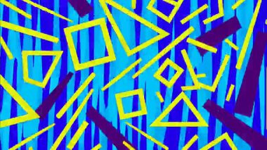 Soyut geometrik Memphis deseni, parlak mavi arkaplan, sarı çizgili üçgen kareler ve dikdörtgenler, köşegen çizgiler, katmanlı şekiller, kalın düz çizimler, canlı modern soyut doku, enerjik grafik bileşimi