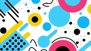 Beyaz zemin üzerinde soyut Memphis deseni, mavi ve pembe daireler, sarı yuvarlak aksanlar, siyah noktalar, eğri çizgiler ve köşegen çizgiler, şakacı düz çizimler, renkli modern soyut doku, dinamik geometrik kompozisyon