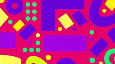 Parlak pembe arkaplanda soyut geometrik desen, mor dikdörtgenler, sarı şekiller, yeşil noktalar, kalın düz çizimler, oyuncu pop sanat tarzı, renkli dekoratif soyut doku, dinamik modern grafik düzeni
