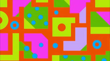 funky düz vektör pop sanat karikatürü geometrik 2D şekiller soyut retro arkaplan, turuncu taban, yeşil mor cyan kareler dikdörtgen çizgiler üçgenler, dağınık Memphis kaotik kompozisyonu, canlı yüksek kontrast enerjisi