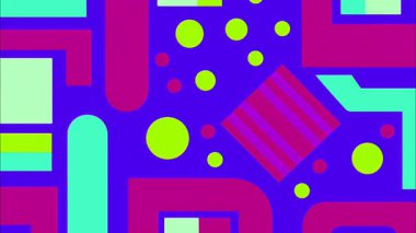 eğlenceli retro pop sanat çizgi filmi geometrik 2D şekiller funky düz vektör soyut arka plan, mor taban, cyan pembe limon yeşil dikdörtgen çizgiler ovaller, katmanlı Memphis ilham verici kaos, yüksek enerji bileşimi