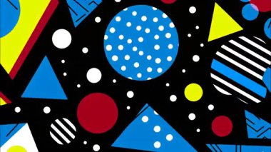 renkli funky düz vektör pop sanat geometrik 2D şekiller çizgi film soyut retro arka plan, siyah taban, mavi kırmızı beyaz noktalı daireler çizgiler çizgiler, dağınık Memphis tarzı kaotik dağılım, canlı koyu kontrast