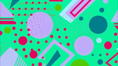 canlı Memphis pop sanat karikatürü geometrik 2D şekiller funky düz vektör retro arkaplan, turkuaz taban, pembe kırmızı mavi büyük daire çizgileri dikdörtgen kareler, kalın katmanlı oyuncu kompozisyon, yüksek kontrast enerji