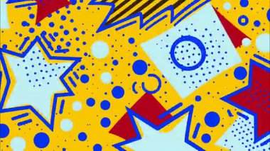 Sarı arkaplanda soyut pop tarzı şablon, mavi yıldızlar ve kareler, noktalı dokular, kalın grafik çizimler, neşeli düz çizimler, enerjik geometrik kompozisyona sahip soyut dokusundan esinlenilmiş canlı mizah