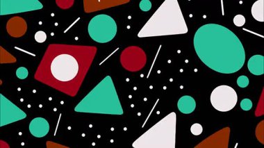 Siyah zemin üzerinde soyut renkli Memphis deseni, turkuaz daireler ve üçgenler, kırmızı kareler, beyaz noktalar, kalın düz çizimler, oyuncu geometrik bileşimli yüksek kontrast soyut doku