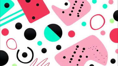 Beyaz arkaplanda soyut Memphis deseni, pembe yuvarlak şekiller, siyah daireler, turkuaz aksanlar, noktalı detaylar, şakacı düz çizimler, yumuşak geometrik kompozisyona sahip temiz modern soyut dokusu.