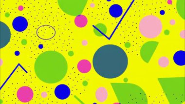 Sarı arkaplanda soyut Memphis deseni, renkli daireler ve üçgenler, noktalı dokular, katmanlı düz şekiller, şakacı modern illüstrasyon, dengeli geometrik kompozisyona sahip canlı dekoratif soyut dokusu