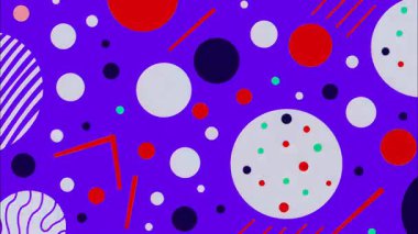 Mor zemin üzerinde soyut renkli desen, katmanlı daireler ve noktalar, kırmızı doğrusal aksanlar, oyuncu geometrik düzen, düz modern illüstrasyon, ritmik bileşimli canlı soyut doku ve kalın renk karşıtlığı