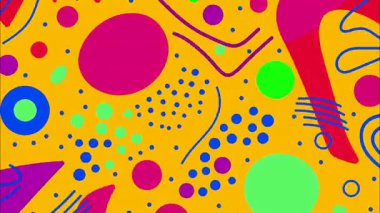 funky düz vektör pop sanat karikatürü geometrik 2D şekiller soyut retro arkaplan, parlak sarı taban, pembe yeşil kırmızı büyük daire çizgileri kaotik Memphis elementleri, canlı yüksek enerji karşıtlığı