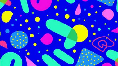 dinamik retro pop sanat karikatürü geometrik 2D şekiller funky düz vektör soyut arkaplan, elektrik mavi taban, pembe yeşil yeşil çember ovalar çizgiler damlalar, Memphis kaotik yüksek enerji dağılımı, canlı karışım