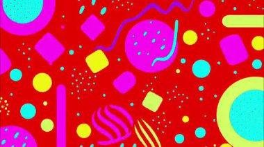 Soyut pop sanat çizgi filmi geometrik 2D şekiller funky düz vektör arkaplan, kırmızı taban, sarı cyan pembe daireler Oval çizgiler lekeler, katmanlı memphis tarzı kaotik, canlı yüksek enerji karışımı