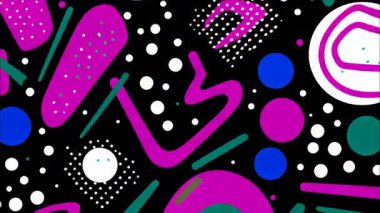 Renkli funky düz vektör pop sanat geometrik 2D şekiller çizgi film soyut retro arka plan, siyah taban, pembe gök mavisi kahverengi beyaz gözyaşı damlaları damlalar çizgiler, kaotik Memphis dağınıklığı, canlı yüksek kontrast enerji