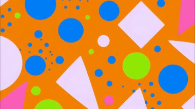 canlı Memphis pop sanat çizgi filmi geometrik 2D şekiller funky düz vektör retro arkaplan, turuncu taban, mavi mor pembe büyük daireler çizgiler dikdörtgenler, kalın dağınık kompozisyon, yüksek enerjili oyuncu titreşim