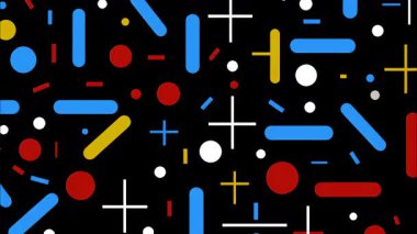 Siyah zemin üzerinde soyut Memphis deseni, renkli daireler ve çapraz şekiller, noktalı elementler, düz modern illüstrasyon, oyuncu geometrik kompozisyona sahip yüksek kontrast soyut doku