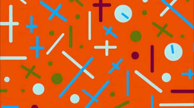 Turuncu zemin üzerinde soyut geometrik desen, renkli haçlar ve doğrusal elementler, dağınık noktalar, oynak düz çizimler, dinamik ritmik grafik kompozisyonu olan cesur modern soyut doku