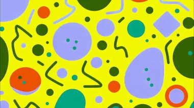 Sarı zemin üzerinde soyut Memphis deseni, pastel daireler ve oval şekiller, yeşil eğri çizgiler, dağınık noktalar, neşeli düz çizimler, yumuşak organik geometrik kompozisyona sahip parlak modern soyut doku
