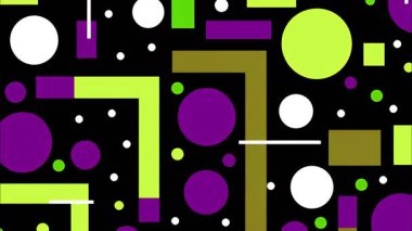 oyuncu Memphis pop sanat çizgi filmi geometrik 2D şekiller funky düz vektör soyut arka plan, siyah taban, mor yeşil daireler dikdörtgen çizgiler, katmanlı kalın geometrik kaos, yüksek kontrast titreşim