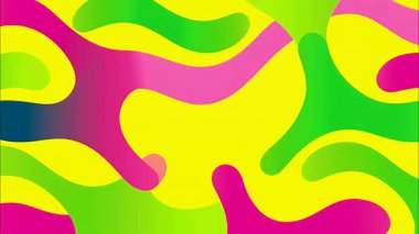 funky düz vektör pop sanat karikatürü geometrik 2D şekiller soyut retro arkaplan, canlı sarı taban, yeşil pembe mavi dalgalı organik damlalar, yumuşak gradyan karışımı, Memphis ilham verici oyuncu enerji, renkli yüksek kontrast