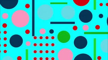 Renkli funky düz vektör pop sanat geometrik 2D şekiller çizgi film soyut retro arkaplan, turkuaz taban, kırmızı yeşil siyah daireler çizgi dikdörtgen kareler, kaotik Memphis dağılımı, canlı yüksek kontrast titreşim